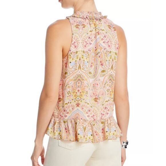 T Tahari Split Neck Ruffle Peplum Top XS Pink Cream Paisley Shirred Sleeveless - Picture 2 of 9